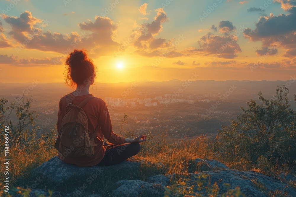 Serene Meditation at Sunset on a Mountain Top
