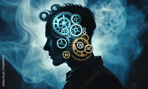 A silhouette of a person with gears and smoke, symbolizing thoughts and creativity.