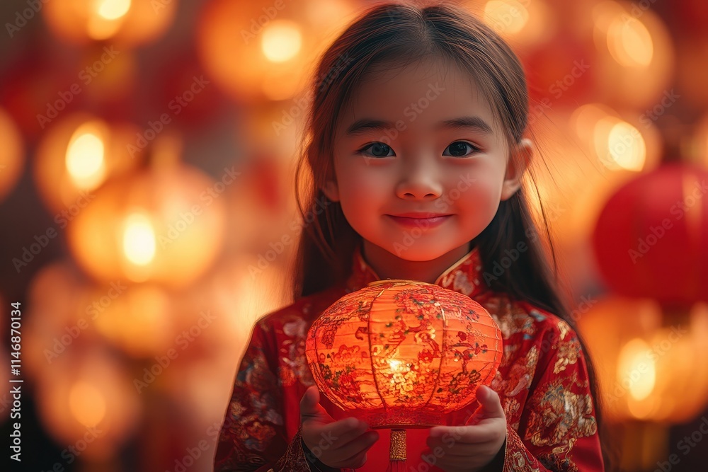 A young girl in a traditional red dress holds a glowing lantern amidst a backdrop of colorful lanterns, radiating joy and cultural significance. A young girl in a traditional red dress holds a glowing lantern amidst a backdrop of colorful lanterns, radiating joy and cultural significance.