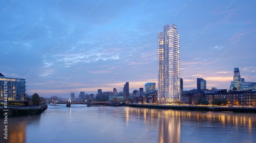 Obraz premium A modern skyscraper along a riverbank at dusk, showcasing urban architecture and skyline.