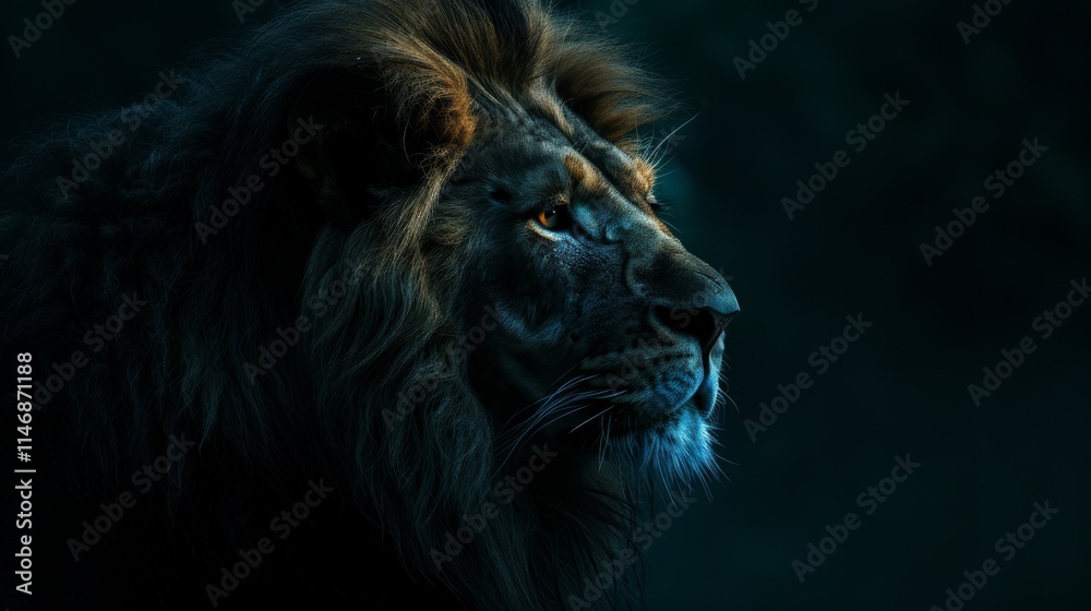 Fototapeta premium Portrait of a majestic lion with a thick mane in the wild, capturing the strength and beauty of nature in its natural habitat