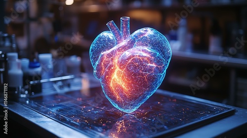 Smartphone projecting a holographic 3D model of a human heart, glowing above a steel medical table