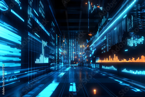 Digital Stock Market Chart with Blue Data Points on Black Background