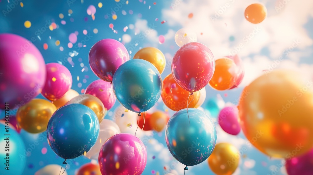 Colorful balloons floating in a sunny sky with confetti. Colorful balloons floating in a sunny sky with confetti.