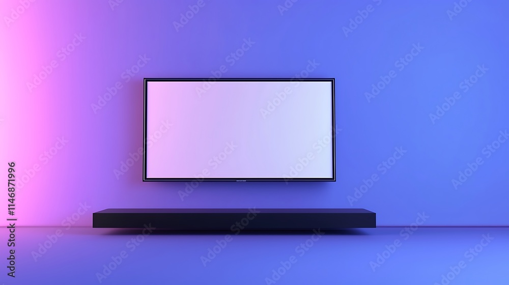 A mockup an empty white screen TV hanging on the wall, with a black shelf underneath it and purple lighting in front it. The background is a plain blue color. There is no furniture or other objects A mockup an empty white screen TV hanging on the wall, with a black shelf underneath it and purple lighting in front it. The background is a plain blue color. There is no furniture or other objects