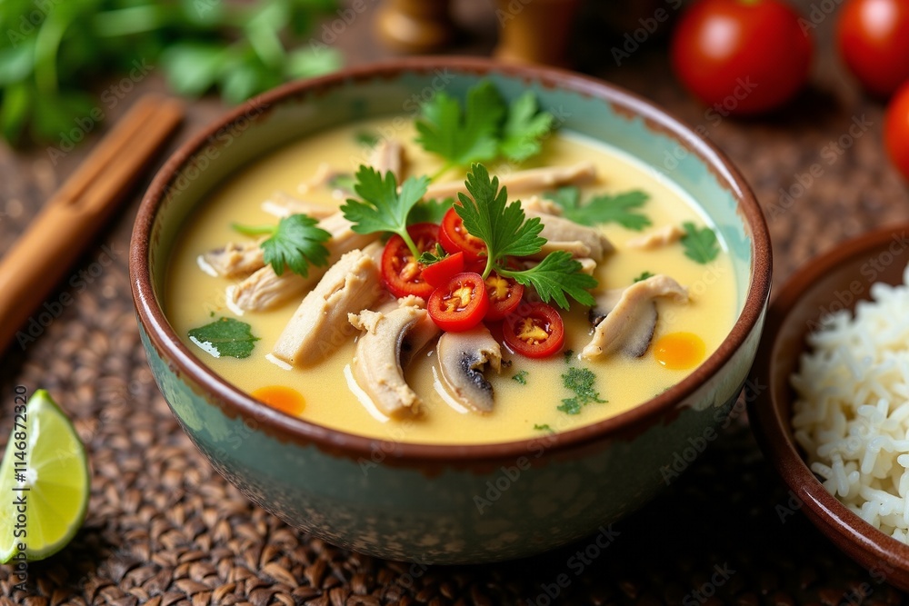 Creamy Thai Green Curry with Chicken and Mushrooms, Perfect for a Cozy Dinner or Lunch, Served with Steamed Rice and Fresh Herbs. Creamy Thai Green Curry with Chicken and Mushrooms, Perfect for a Cozy Dinner or Lunch, Served with Steamed Rice and Fresh Herbs.