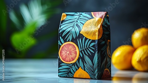 Vibrant snack package bag with a tropical theme, placed on a white marble surface photo