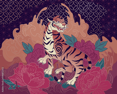 hand drawn east asian style vector illustration wild cat, tiger, with flowers and traditional patterns