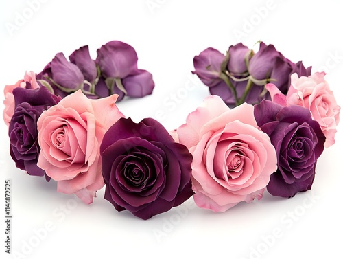 Realistic floral crown with pink and purple roses, isolated on white, high-res image. photo