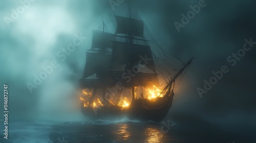 Wallpaper Mural Burning galleon sailing in foggy sea at night. Torontodigital.ca