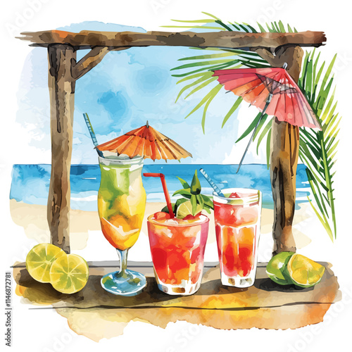 A watercolor vector of a beachside café with tropical drinks, isolated on a white background. Beachside café tropical drinks vector.
