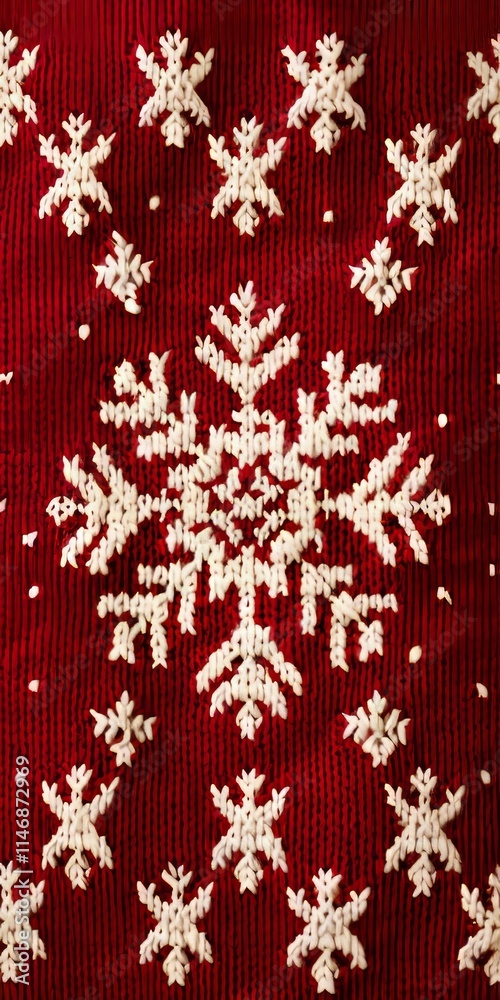 A red and white knitted snowflake pattern. The snowflake is surrounded by red and white stripes A red and white knitted snowflake pattern. The snowflake is surrounded by red and white stripes