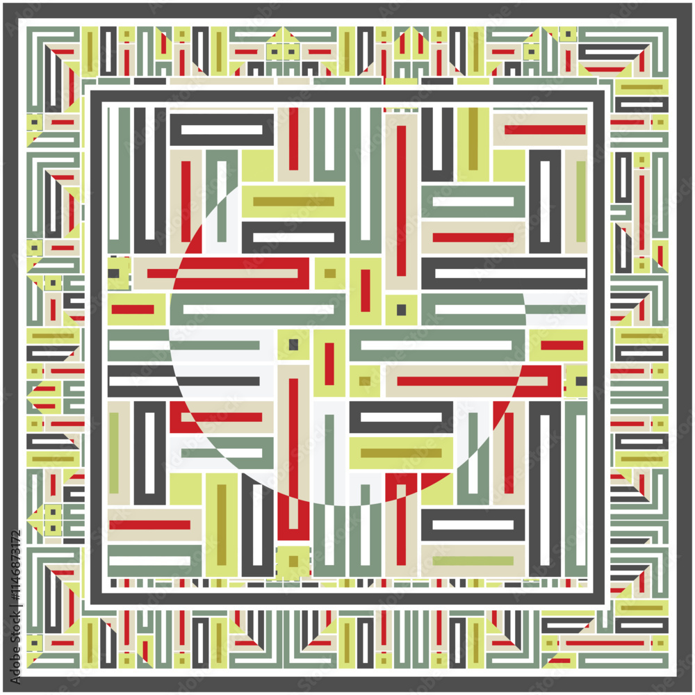 Abstract geometric pattern with concentric lines and a central circular motif in red, green, and gray. pattern composed of intersecting red, green, and yellow lines, creating a colorful visual effect Abstract geometric pattern with concentric lines and a central circular motif in red, green, and gray. pattern composed of intersecting red, green, and yellow lines, creating a colorful visual effect