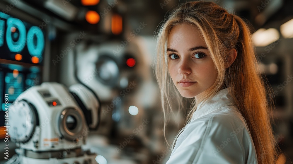 Futuristic scientist in lab with advanced technology and robotics Futuristic scientist in lab with advanced technology and robotics
