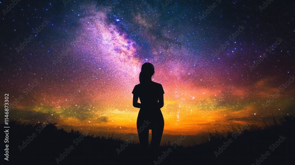 Silhouette of a woman gazing at a vibrant night sky filled with stars and the Milky Way. Silhouette of a woman gazing at a vibrant night sky filled with stars and the Milky Way.