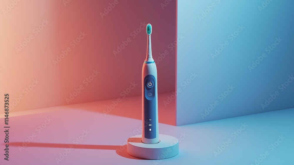 Modern electric toothbrush stands on a minimalist display with soft lighting in a contemporary setting Modern electric toothbrush stands on a minimalist display with soft lighting in a contemporary setting