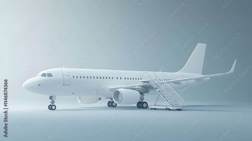 Fototapeta premium Minimalistic White Airplane on Light Blue Background with Boarding Stairs