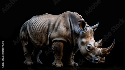 Close-up of a rhinoceros silhouette against a dramatic black background, showcasing its unique texture and features, perfect for wildlife enthusiasts and nature photography photo