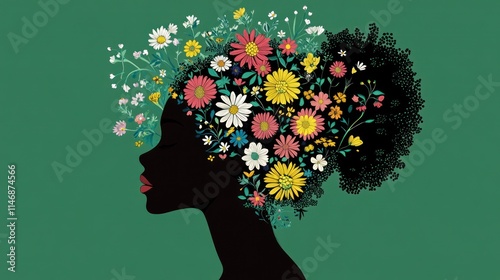 Silhouette of a Black woman with colorful flowers in her hair against a green background.