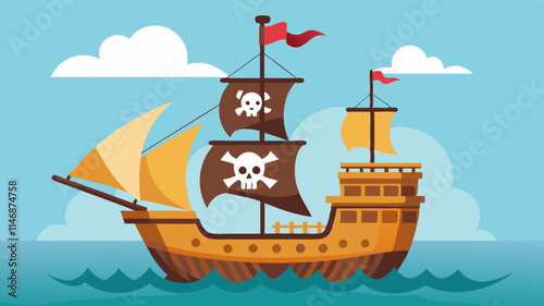 Colorful Cartoon Pirate Ship on Blue Ocean – Fun Nautical Illustration