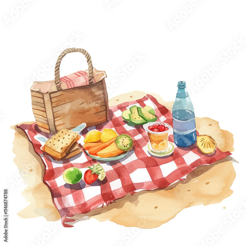 A watercolor vector of a beachside picnic setup with blankets and snacks, isolated on a white background. Beachside picnic setup blankets snacks vector.
