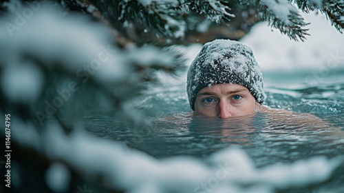 Winter snow swimming. Cold water healthy therapy. Young man in hat in frozen lake in ice winter hole photo