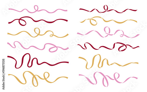 ribbon line vector set. colorful pastel bow coquette sweet red pink gold romantic love wedding valentine celebration confetti surprise ballet lace graphic design art vintage frame anniversary dessert 