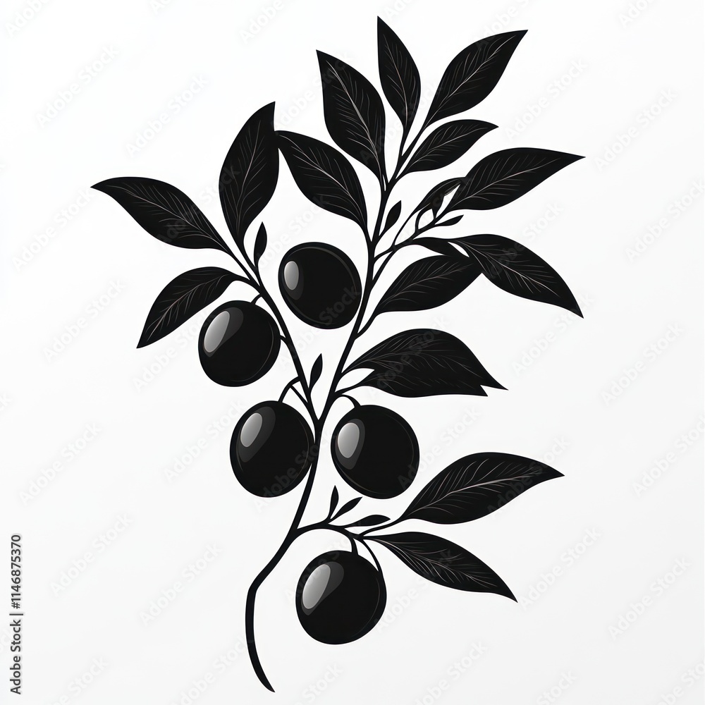 Black and white illustration of plums on a branch with leaves. Black and white illustration of plums on a branch with leaves.