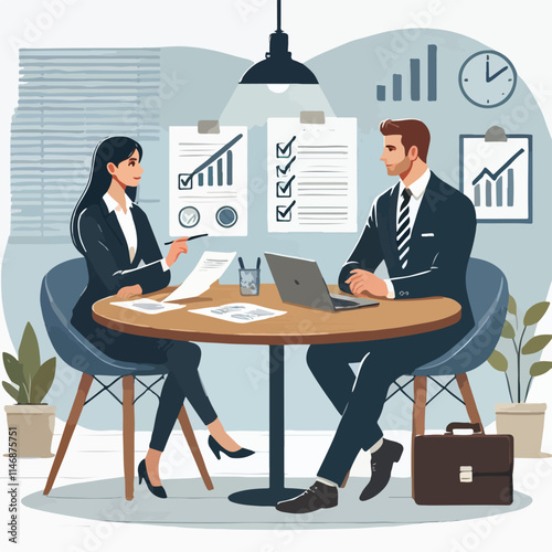 Partners meeting for business discussion with documents and laptop on desk. Couple at round table, speaking, discussing work, partnership. Flat vector illustration isolated on white background