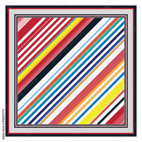 Multicolored diagonal striped pattern with a double frame border, A striped scarf in bright colors, including red, yellow, blue, and white, offering a playful and stylish appearance.