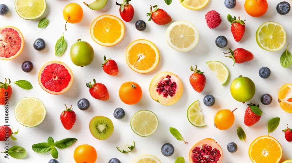 Top view of assorted spring fruits arranged in a visually striking pattern Top view of assorted spring fruits arranged in a visually striking pattern