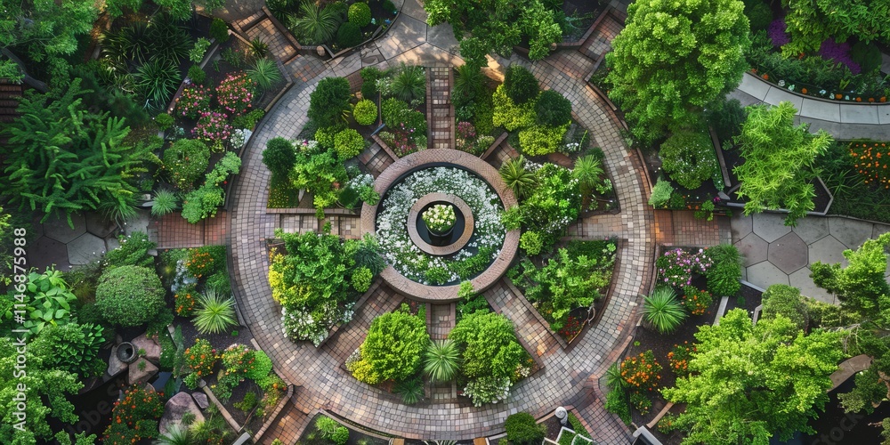 Stunning aerial shot of a circular garden featuring vibrant plants, trees, and intricate pathways, creating a serene and picturesque landscape. Stunning aerial shot of a circular garden featuring vibrant plants, trees, and intricate pathways, creating a serene and picturesque landscape.