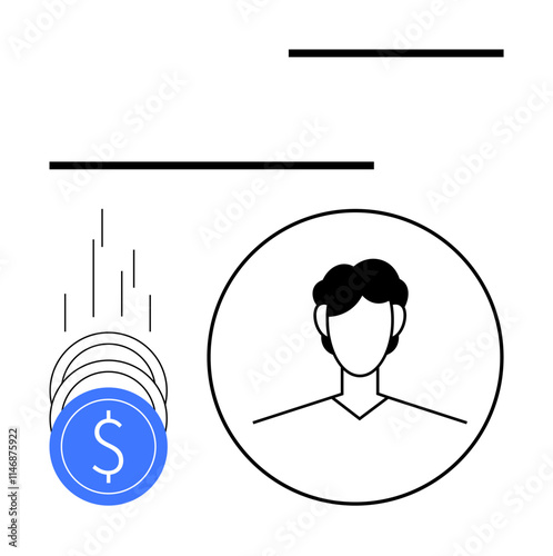 Avatar of person in circle with falling coins and horizontal lines. Ideal for finance, networking, business, economy, investments, social media, and profile icons. Line metaphor