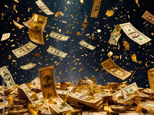 An abstract background full of money, coins, gold and dollar bills falling from sky. Light and confetti on the dark background, 4k wallpaper made by ai.