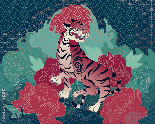 hand drawn east asian style vector illustration wild cat, tiger, with flowers and traditional patterns	