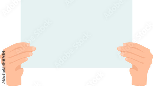 Two hands holding a blank sheet of paper against a clean white background, providing ample space for adding text or graphics, ideal for presentations and advertisements