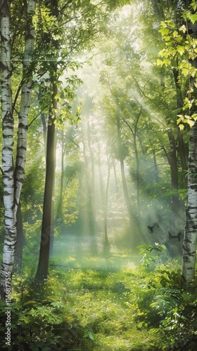 Beautiful forest scene with sunlight streaming through tall trees, creating a serene and peaceful atmosphere.