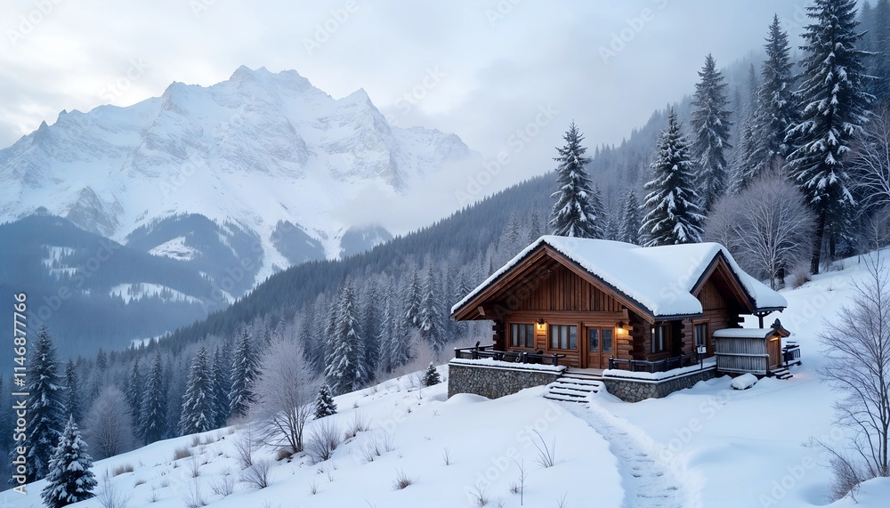 Cozy wooden cabin in a snowy mountain landscape during winter twilight Cozy wooden cabin in a snowy mountain landscape during winter twilight