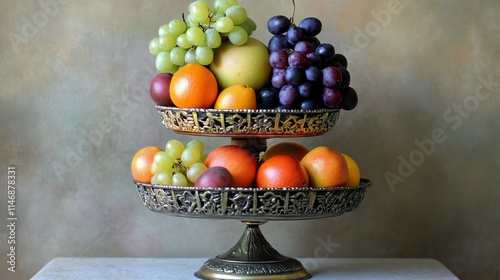 Colorful fruit display on an elegant stand. photo