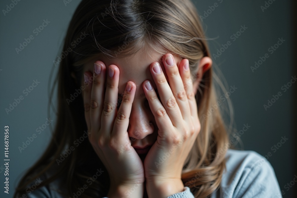 Emotional Girl Hiding Face with Hands in Dark Background - Perfect for Mental Health Awareness, Emotional Wellness, and Self-Care Campaigns. Emotional Girl Hiding Face with Hands in Dark Background - Perfect for Mental Health Awareness, Emotional Wellness, and Self-Care Campaigns.