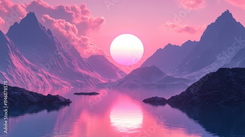 Indigo rays paint the mist-shrouded mountain peaks as the sun ascends over the tranquil lake, creating a breathtaking morning landscape