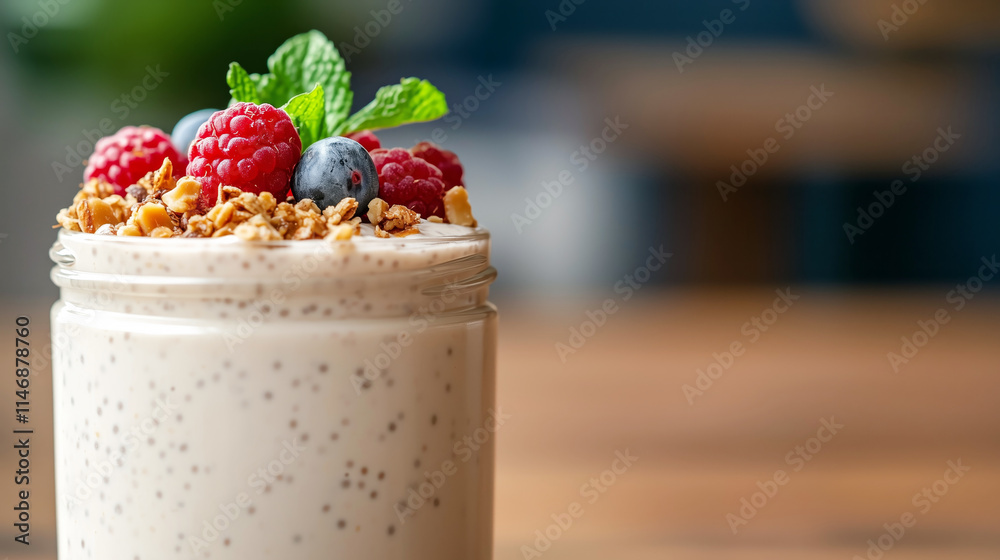 Chia seed yogurt parfait with fresh berries and mint in glass jar Chia seed yogurt parfait with fresh berries and mint in glass jar