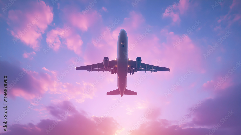 Commercial airplane soaring at sunset with vibrant pink and purple clouds