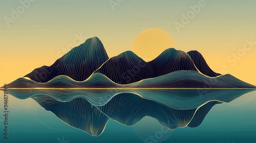 Breathtaking panoramic view of a majestic mountain landscape at sunset, with the sun casting a golden glow on the distant peaks
