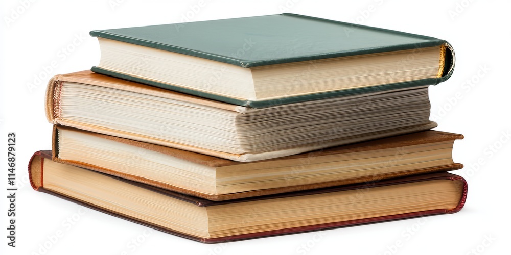 A stack of four hardcover books with colorful covers, isolated on a white background, symbolizing education and literature. A stack of four hardcover books with colorful covers, isolated on a white background, symbolizing education and literature.