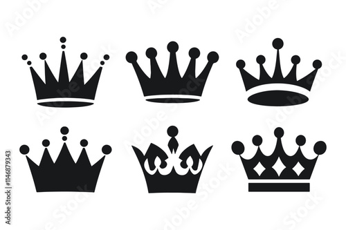 black and white crown icon set silhouette vector on white background