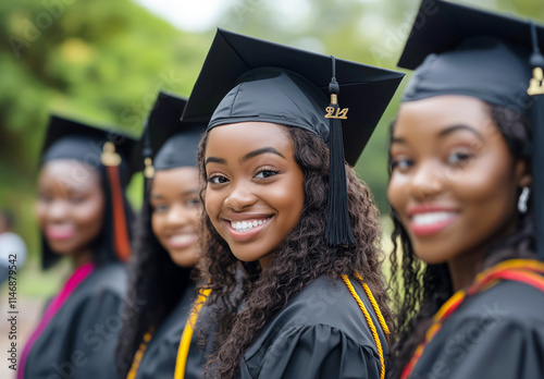 Group of young african female graduates celebrating outdoor ceremony with smiles and caps
