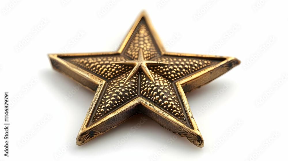 A detailed bronze star-shaped decorative object with a textured surface. A detailed bronze star-shaped decorative object with a textured surface.