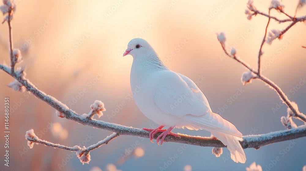 White dove perched on a frosty branch at sunrise. White dove perched on a frosty branch at sunrise.