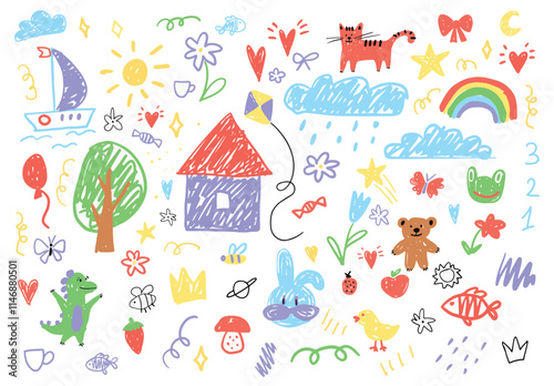 olorful Set of Childish Drawings. Naive Pencil Sketches of Various Objects Including House Tree Rainbow Sun Clouds Flowers. Bright Crayon Doodle Elements. Vector Flat Illustration Isolated on White